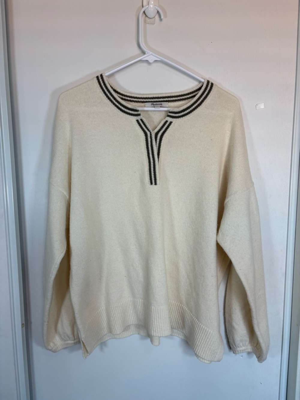 Madewell Women Wiltshire V-Neck Pullover Sweater Cream Puff Sleeve‎ Wool Blend L
